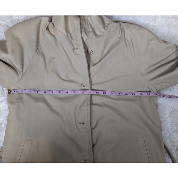 90s Vintage Mervyn's Partner Petites Trenchcoat Lined Hooded Tan Red Plaid Trim - Picture 14 of 16